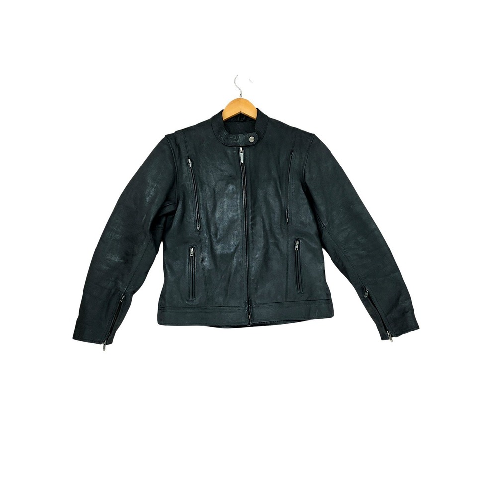 River Road Motorcycle Jacket L Mens Black Buffalo Leather Cafe Racer Biker Moto